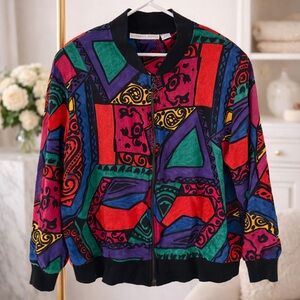 Vintage Kathryn Deene Abstract Print Bomber Jacket Colorful 90s Made USA 18/20